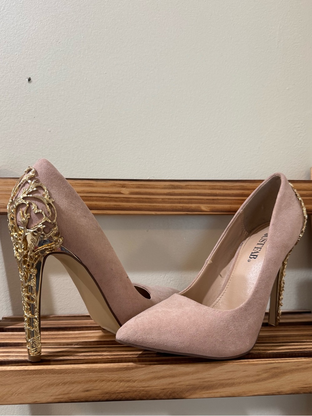JustFab Blush Pink Suede Pointed-Toe Heels with Gold Filigree Heel
